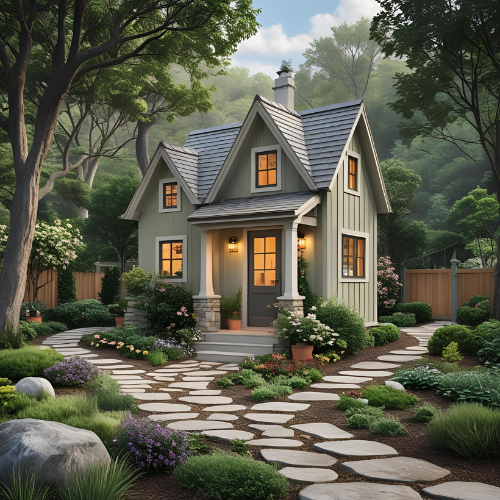 A cozy two-story house with a gray exterior, white trim, and a steep gabled roof, surrounded by a lush garden and stone pathway in a wooded area.