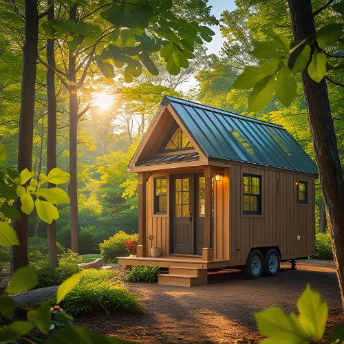 tiny house on wheels in a lush forest at sunset
