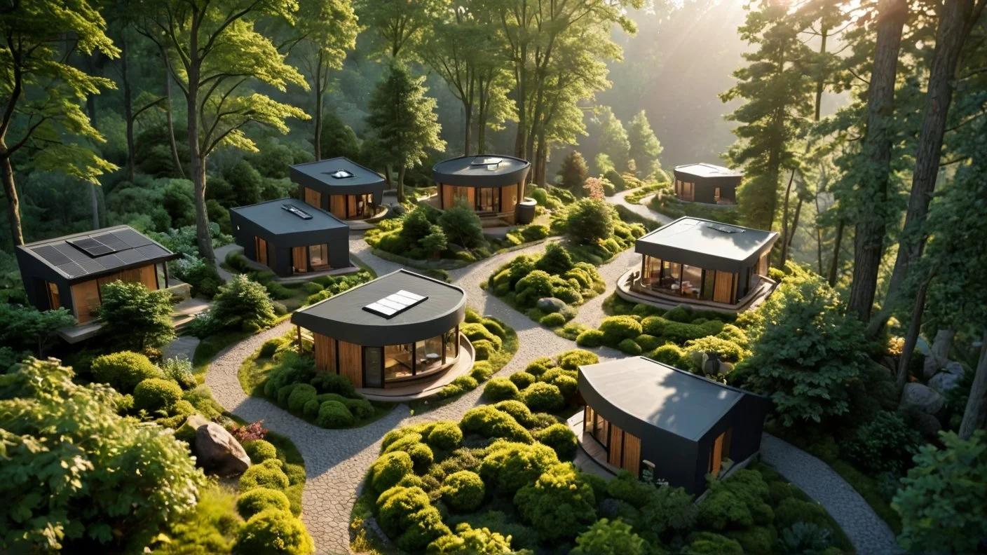 Aerial view of a modern tiny home community in a lush green forest with winding paths and trees.
