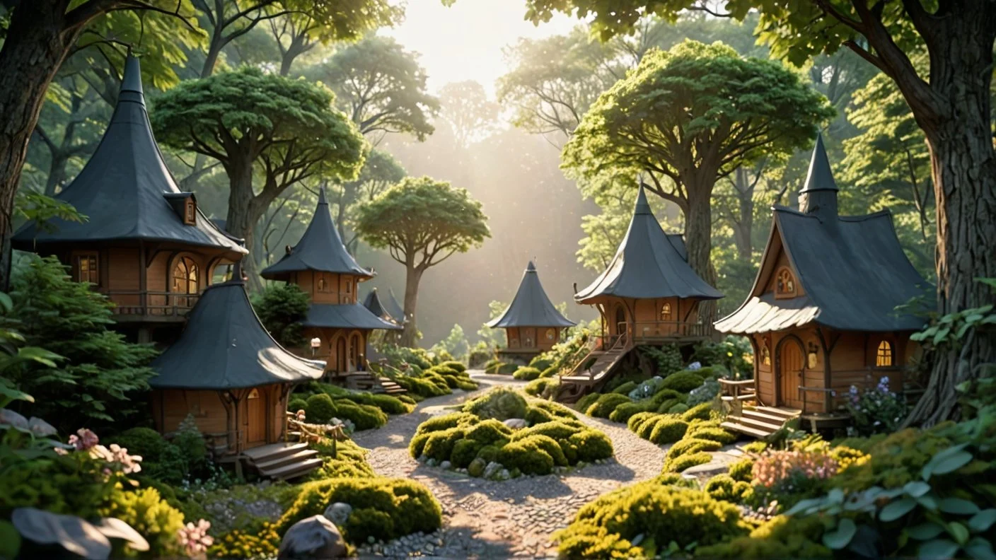 A whimsical forest with small, fairy tale-style wooden houses surrounded by lush greenery and tall trees, illuminated by soft sunlight.