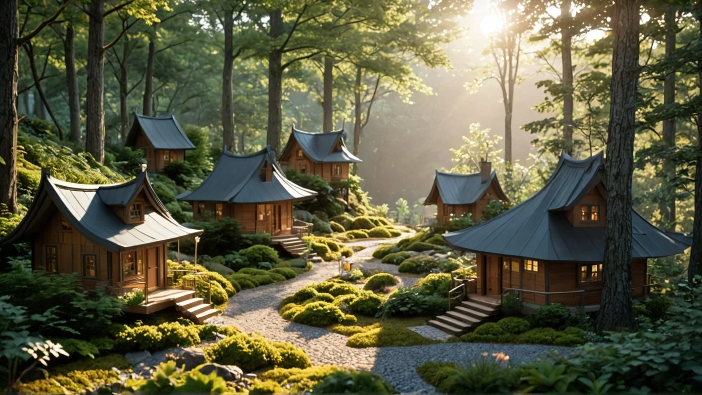 Miniature traditional Japanese-style wooden houses with curved roofs in a lush forest, sunlight shining through trees, and a winding stone pathway.
