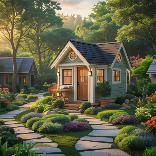 A cozy tiny house surrounded by lush greenery and colorful flowers in a peaceful garden.