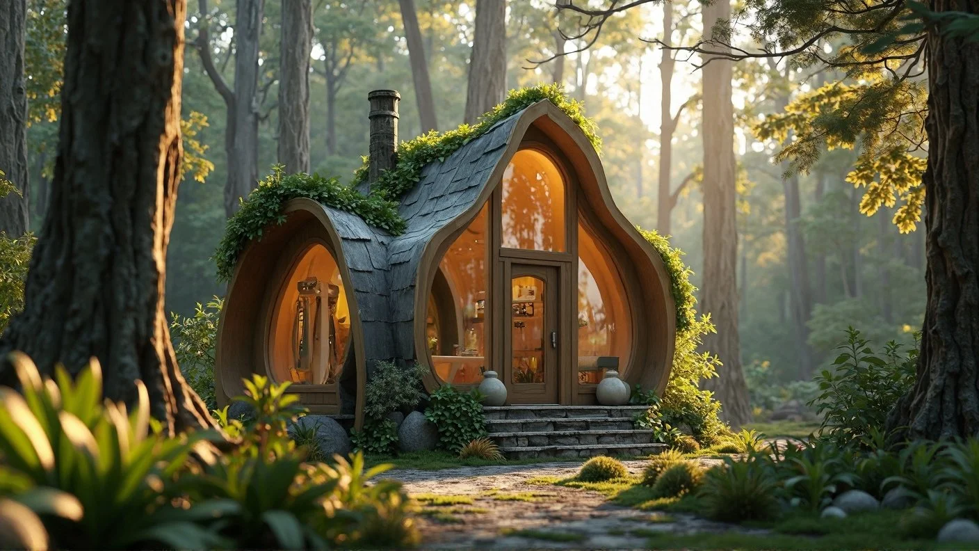 A whimsical tiny house with curved walls and a shingled roof, surrounded by trees and greenery, in a forest setting during sunset.