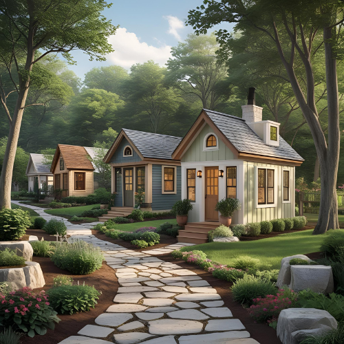 A row of charming small houses with paved stone paths, surrounded by lush trees and well-maintained gardens in a forest setting.