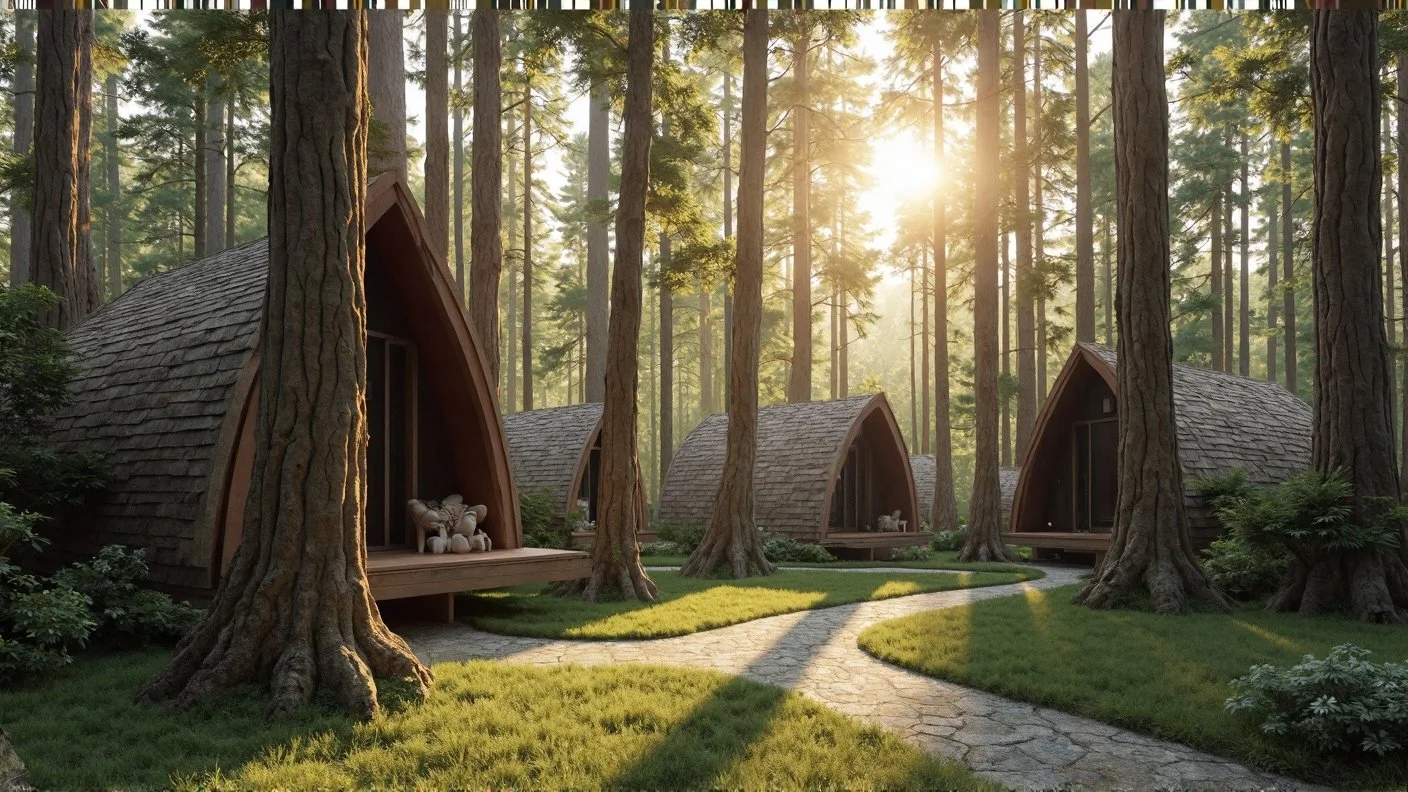 Wooden A-frame cabins in a forest with a winding stone path and sunlight filtering through tall trees.
