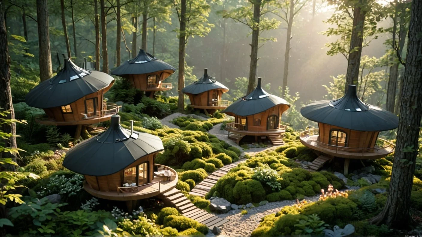 Six small, round, wooden cabins with black, conical roofs nestled among green trees and bushes in a forested area, illuminated by soft sunlight.