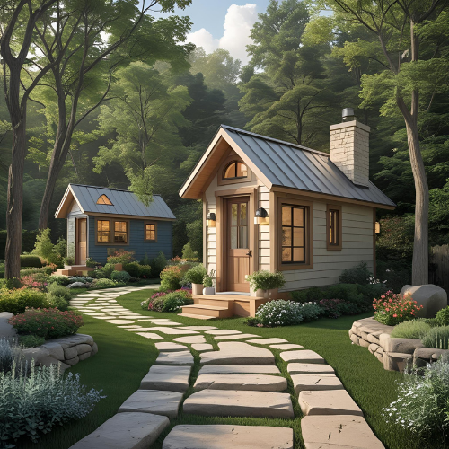 Two small houses in a lush green forest garden, with stone pathways, landscaping, and trees surrounding them.