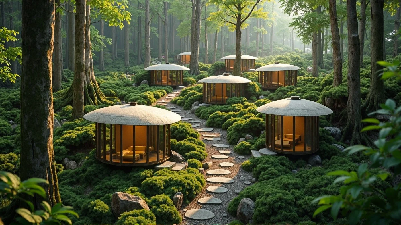 Six modern glass-roofed cabins surrounded by lush greenery and tall trees in a forest, with a stepping stone pathway leading through the scene at sunrise or sunset.