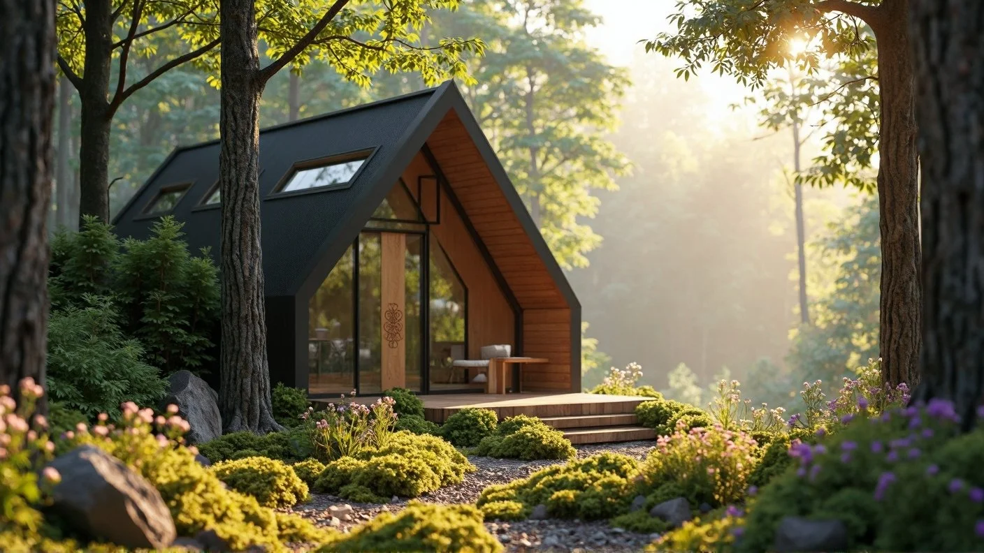 Modern A-frame cabin with large glass doors, surrounded by trees and vibrant plants, with sunlight streaming through the forest.