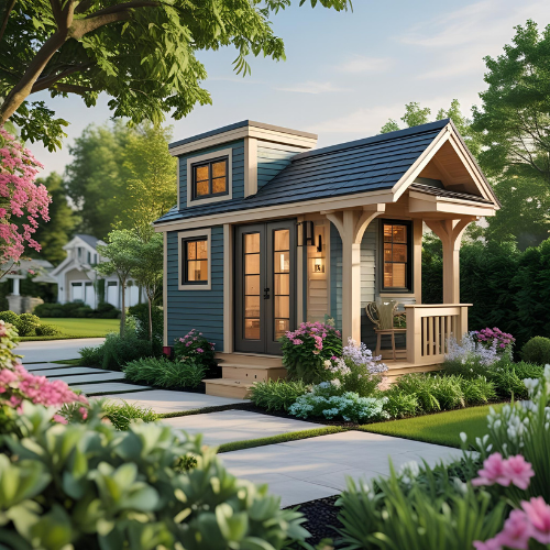 Small blue house with a front porch surrounded by colorful flowers and green trees under a clear sky.
