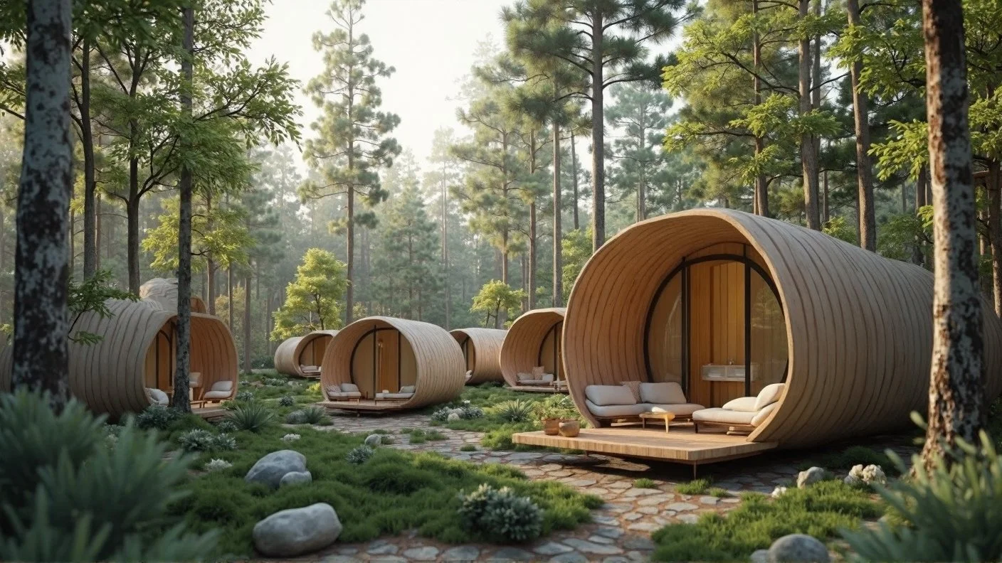 A serene forest scene with several modern, rounded wooden cabins with sliding glass doors, surrounded by tall trees and lush green plants.