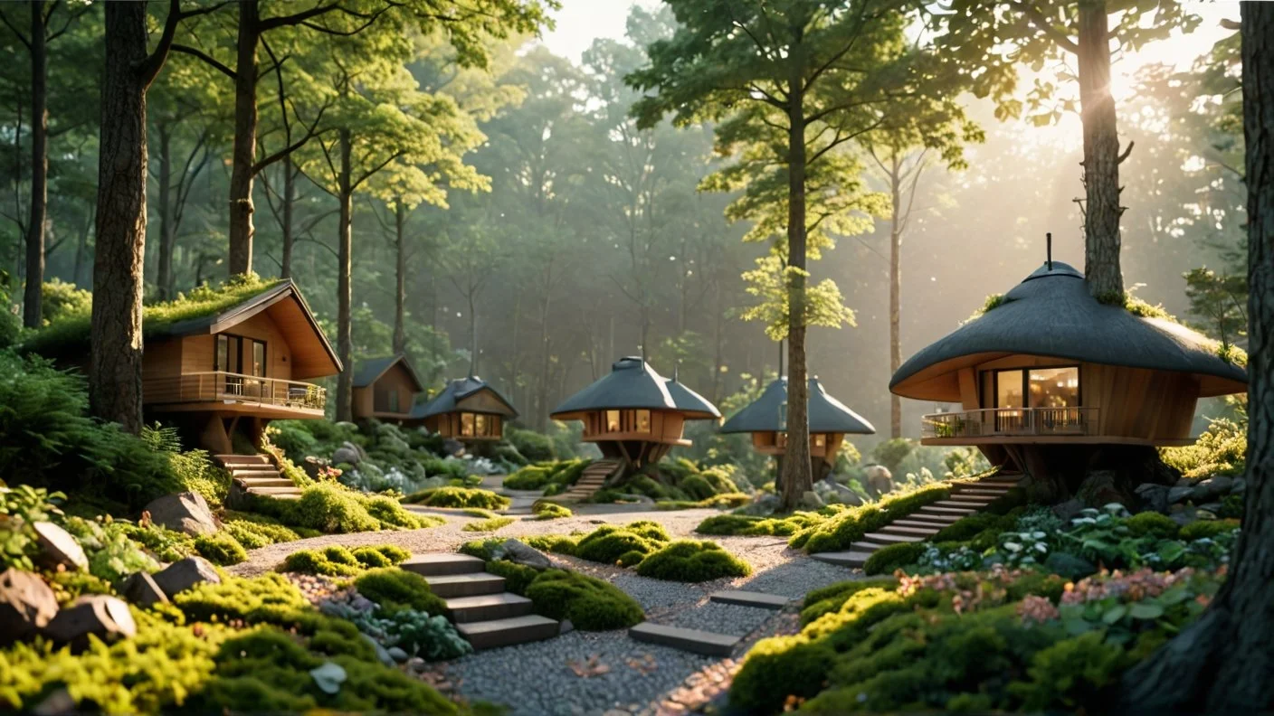 A serene forest scene with multiple cozy wooden cottages surrounded by lush green trees and plants, with sunlight filtering through the canopy.