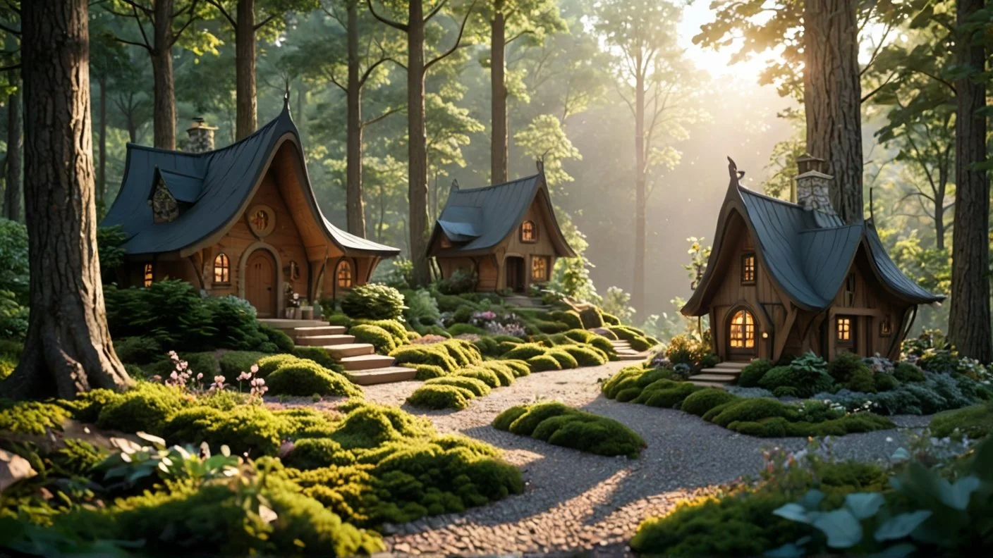 Three whimsical wooden cottages with curved blue roofs in a lush forest, illuminated by warm sunlight, surrounded by vibrant green bushes and flowers.