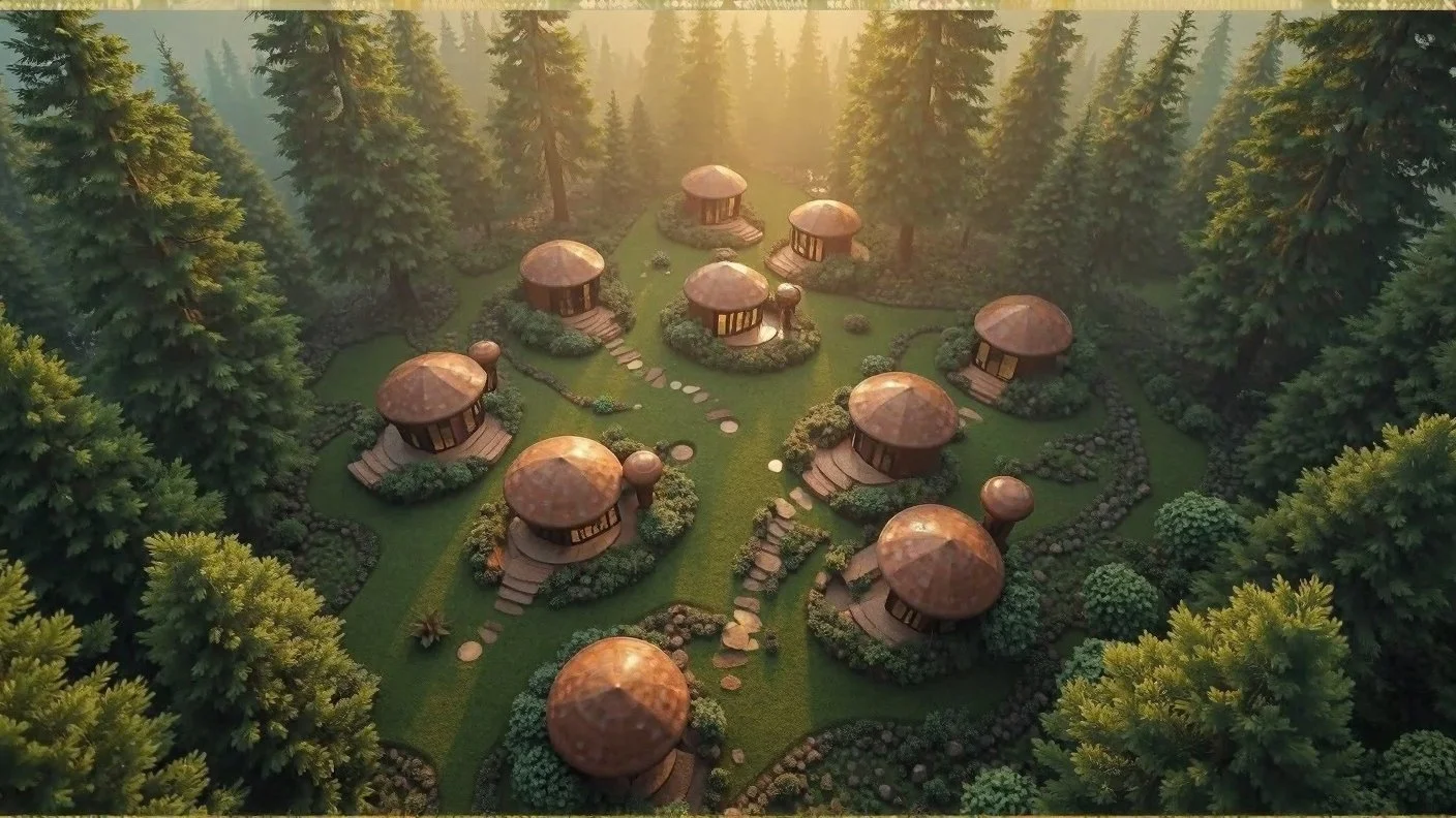 A cluster of round, wooden houses with curved roofs is surrounded by lush greenery and tall trees in a forested area. Stone pathways connect the houses, and the scene is illuminated by warm, golden sunlight.