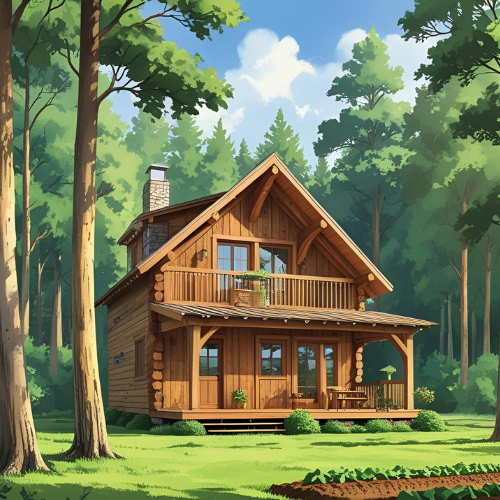 A wooden cabin with a balcony, surrounded by tall trees and green grass.