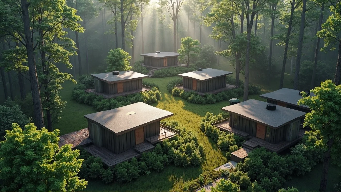 Aerial view of six small modern cabins surrounded by lush green trees and vegetation in a forest, with sunlight filtering through the trees.