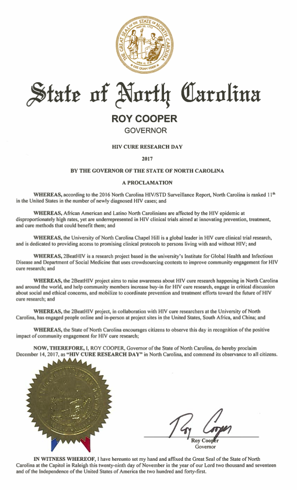 HIV Cure Research Day Proclaimed by Governor Roy Cooper