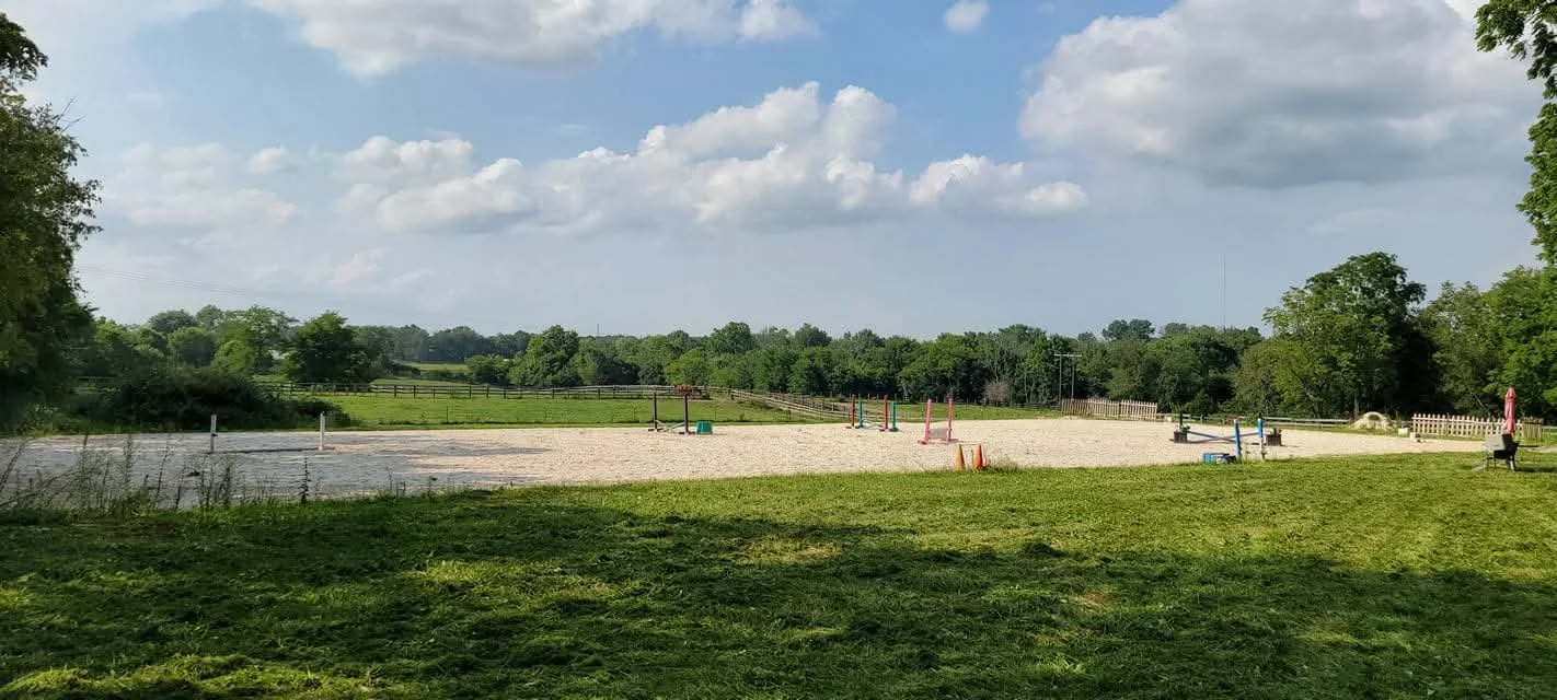An outdoor horse jumping arena with colorful jumps and fencing, surrounded by green trees and open sky.