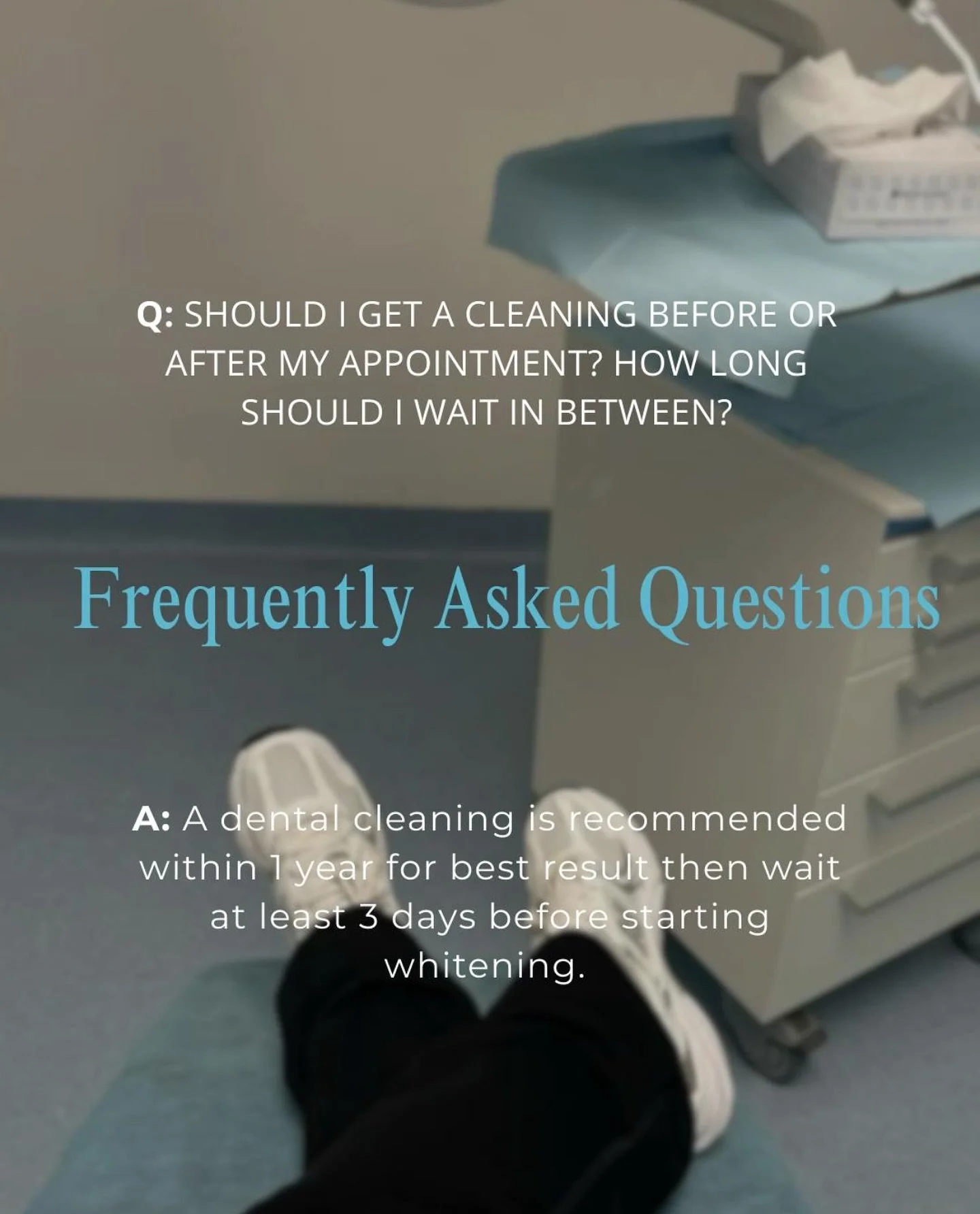 If your dental cleaning is over 1 year yet you still wish you to proceed with whitening, be prepared if your technician finds anything that would hinder the procedure (ie: bleeding gums, cavities, heavy calculus) your treatment will be declined