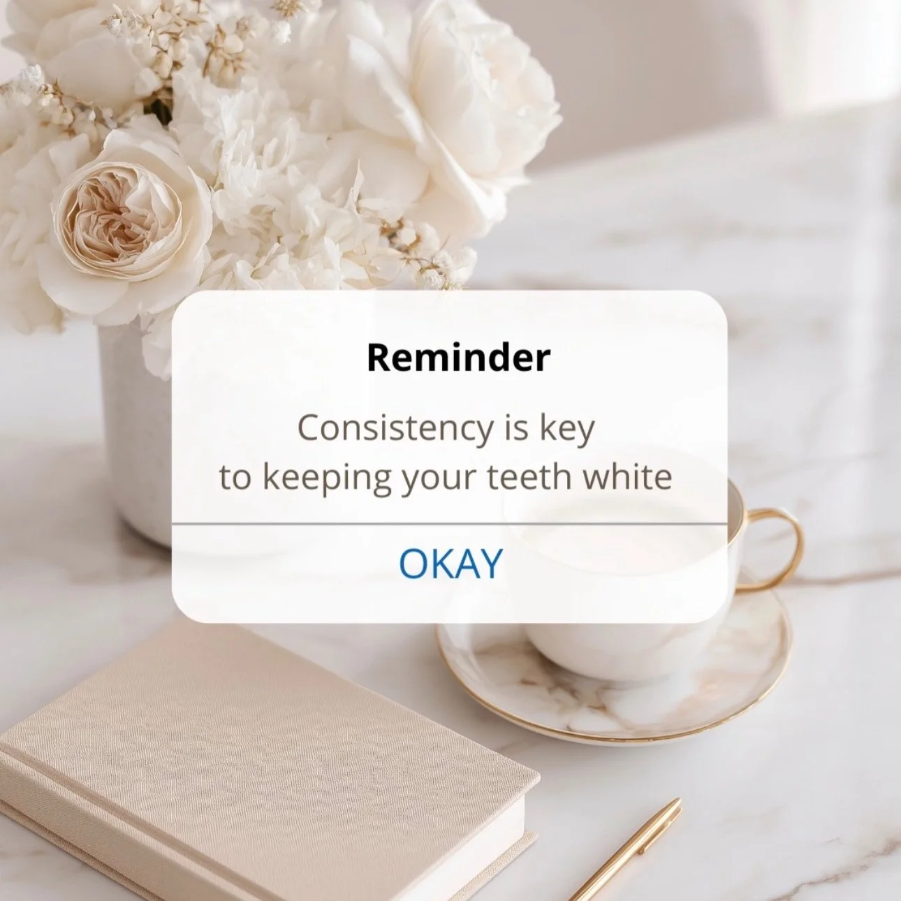 Consistency is key when it comes to keeping your teeth white. Stains will always keep coming back from the food and drinks you consume. Therefore after your initial treatment to get all the deep stains out to your natural tooth color, MAINTAIN at hom