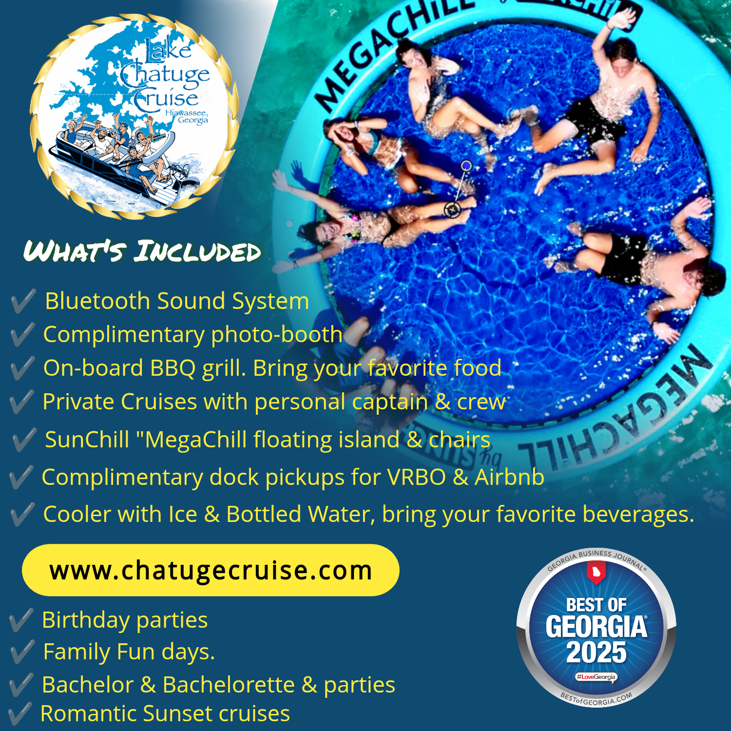 Promotional flyer for Lake Chatuge Cruise featuring a photo of five people relaxing and playing in a pool on an inflatable boat, with a list of included amenities such as Bluetooth sound system, photo-booth, BBQ grill, private cruises, floating island, dock pickups, and beverages, along with website and award badge.