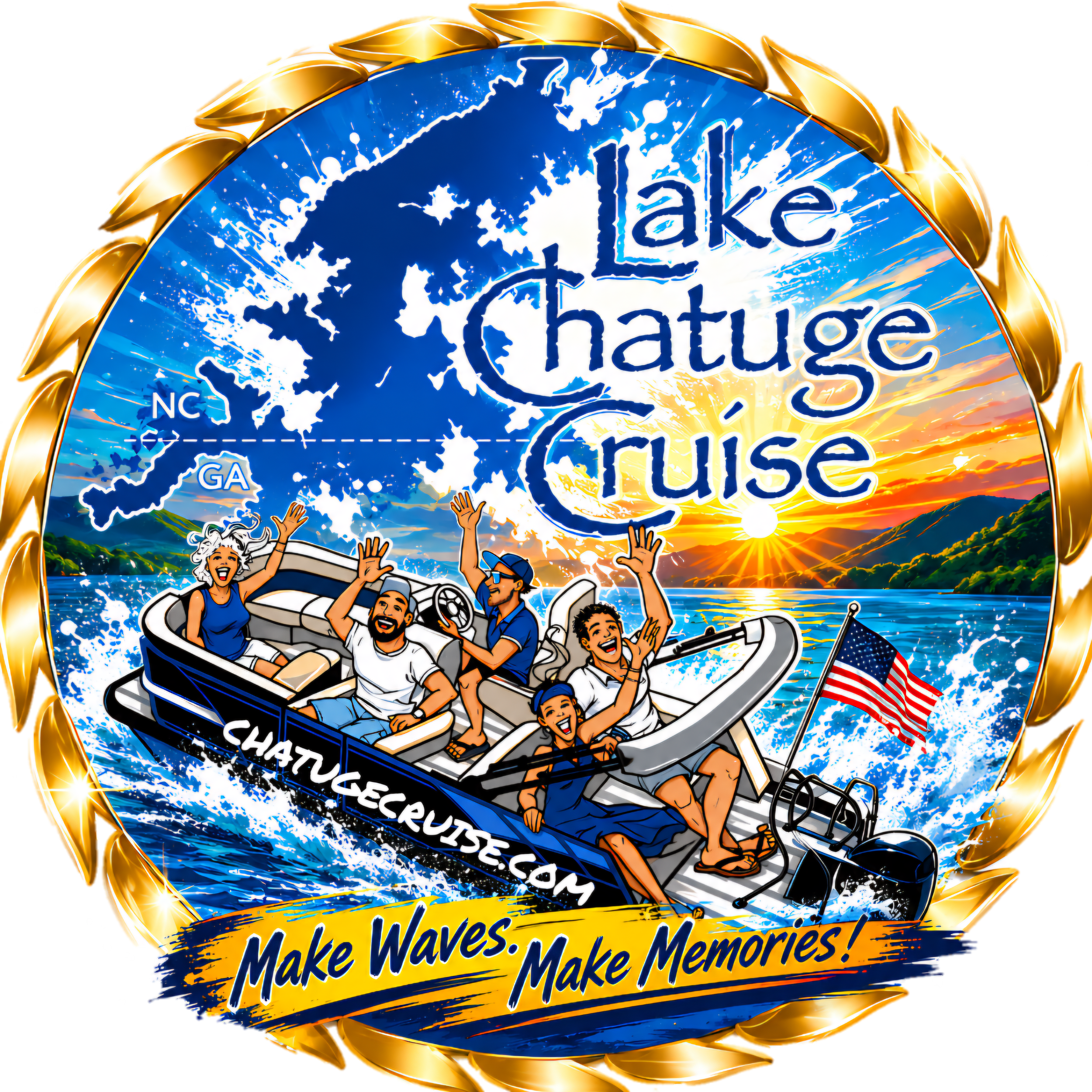 Logo for Lake Chatuge Cruise featuring a boat with tourists, surrounded by a gold rope border, with a blue lake background and stylized text.