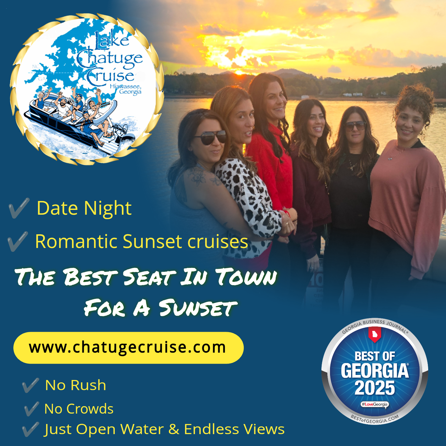 A promotional image for Lake Chatuge Cruise featuring six women standing by a lake during sunset, with a logo of the cruise company in the top left corner. The text promotes a date night, romantic sunset cruises, and highlights the cruise as the best seat in town for a sunset, with website and accolades included.
