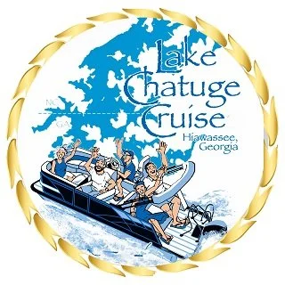 Logo for Lake Chatuge Cruise featuring a boat with tourists, surrounded by a gold rope border, with a blue lake background and stylized text.