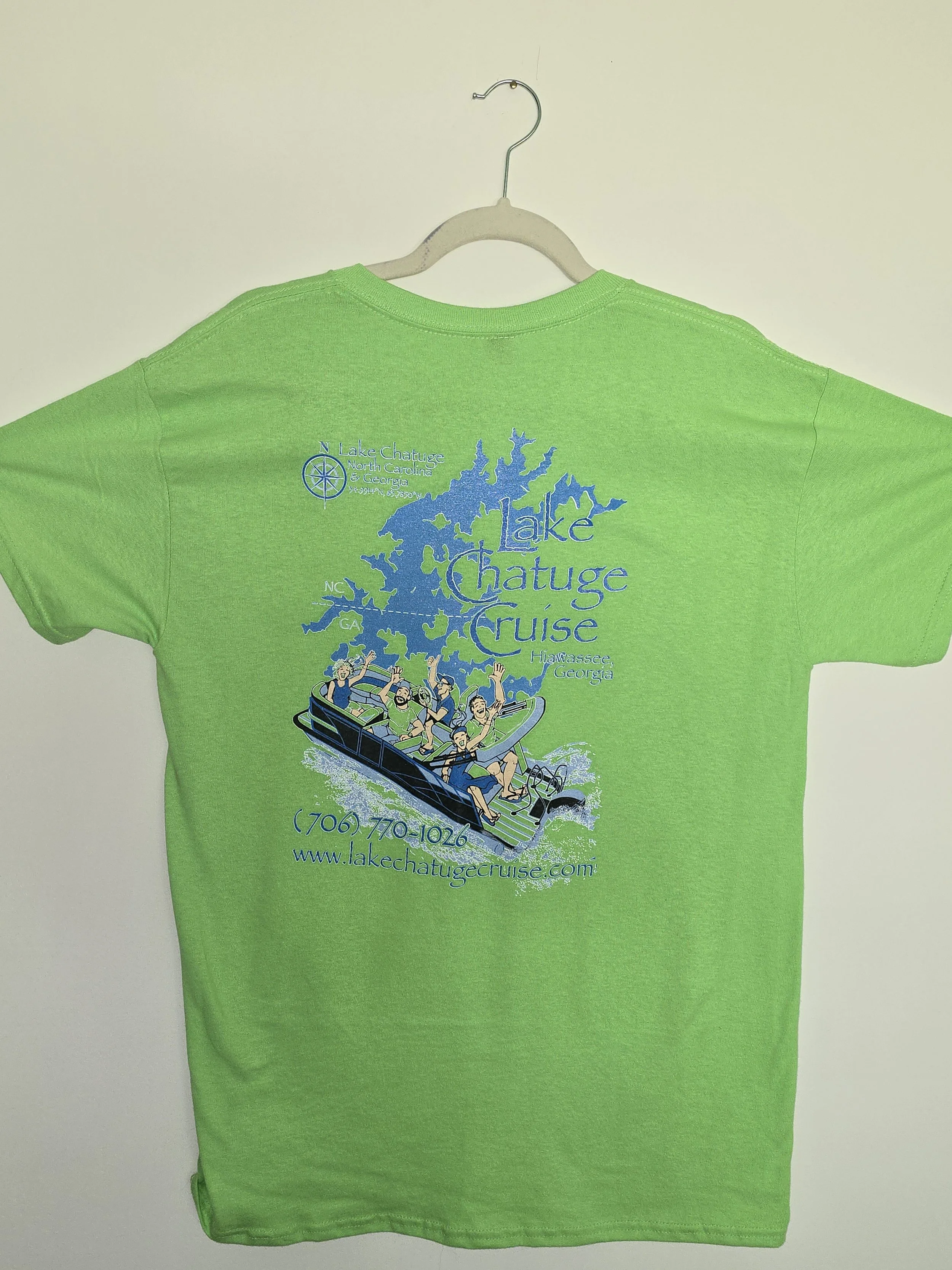 Bright green T-shirt with a Lake Chatuge Cruise advertisement, featuring a boat filled with five people, a map of Lake Chatuge, North Carolina, Georgia, and Tennessee, and contact information.