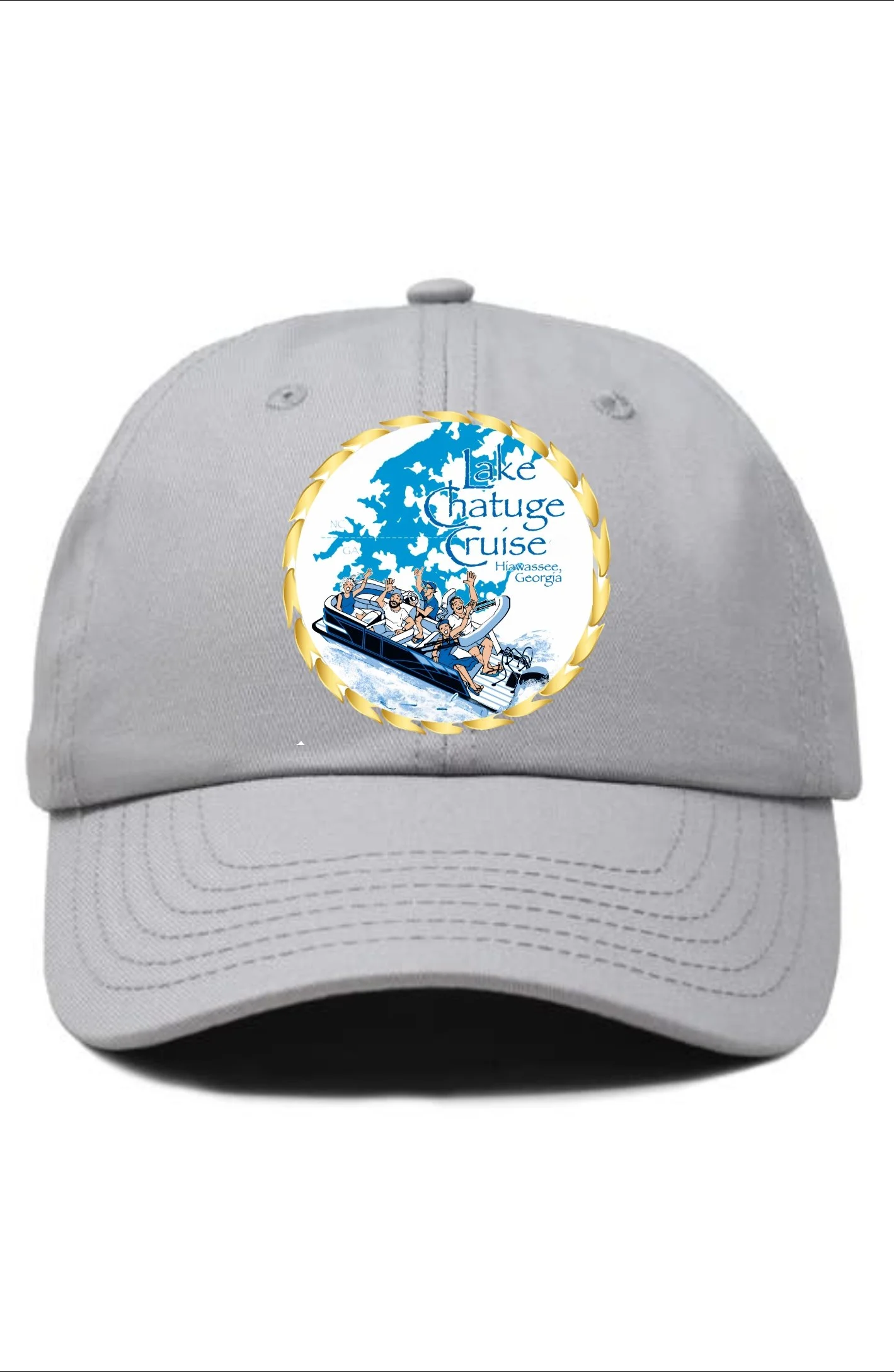 Gray baseball cap with a colorful circular logo for Lake Chatuge Cruise, featuring a boat with people, a map of the lake, and the text "Lake Chatuge Cruise, Hiawassee, Georgia".