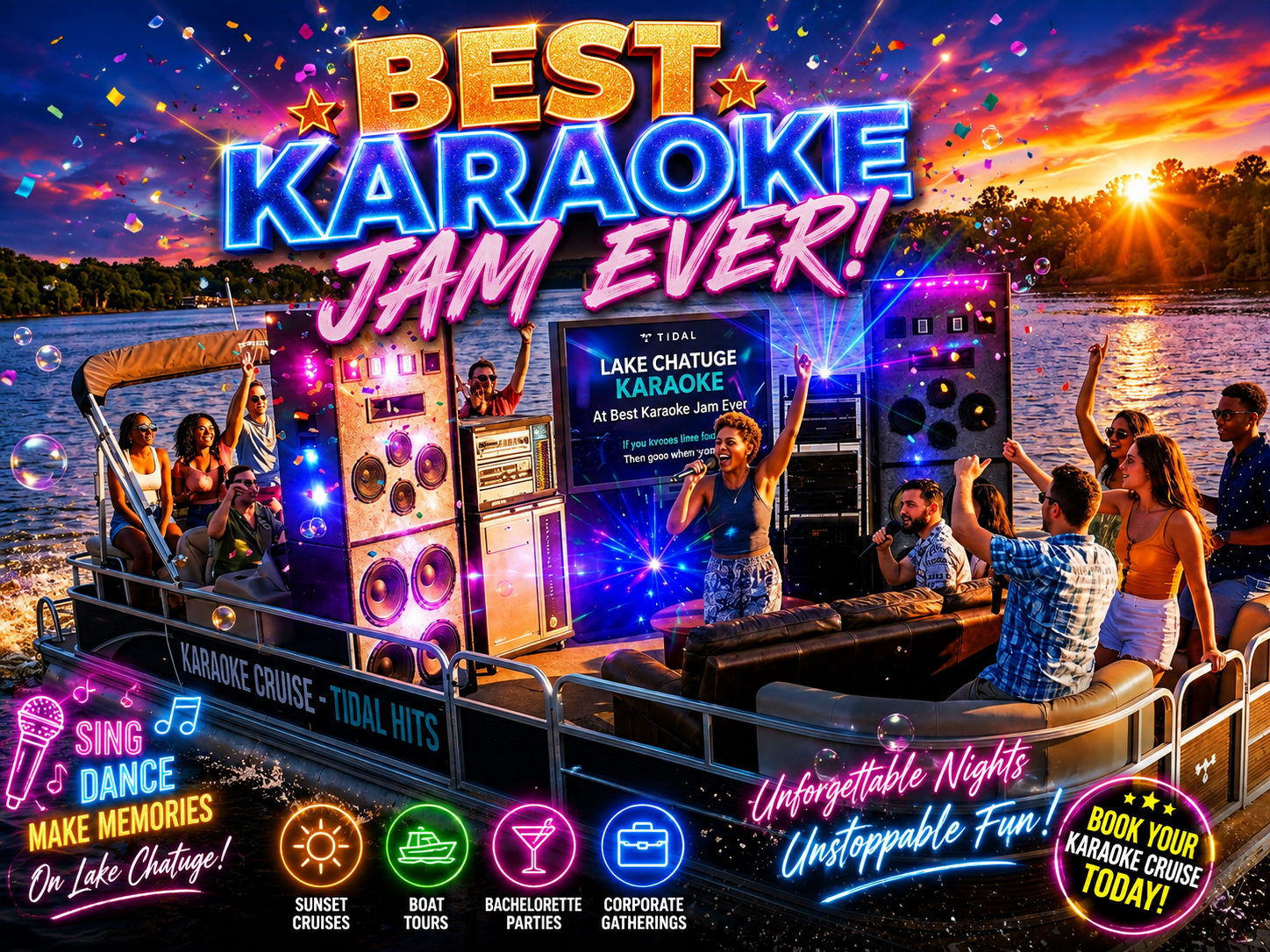 A lively scene on a boat during sunset, with people singing, dancing, and celebrating at a karaoke cruise on Lake Chatuge. Bright neon signs promote karaoke, boat tours, bachelorette parties, and corporate gatherings, creating an energetic party atmosphere.