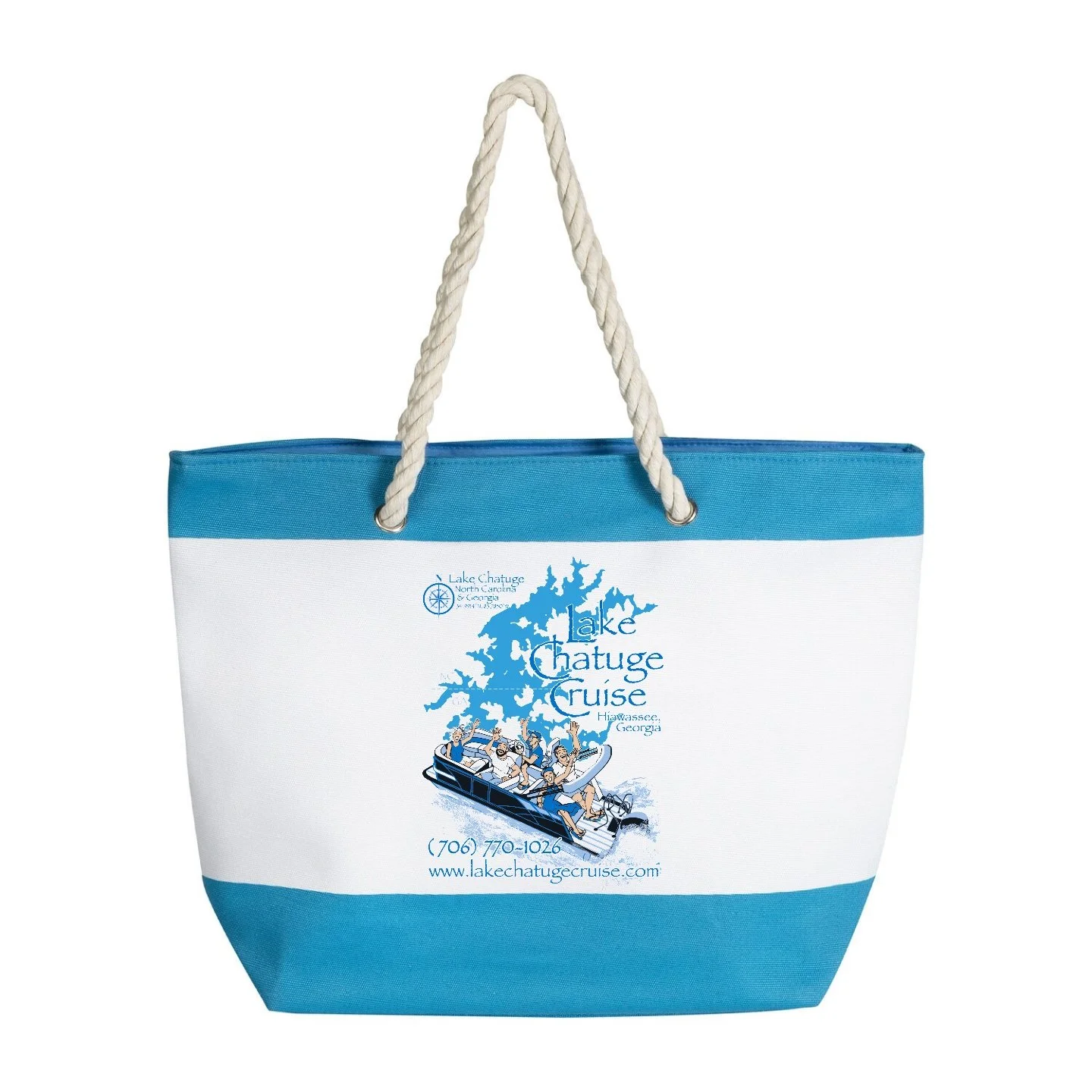 Blue and white tote bag with a graphic of a boat and people on a lake, advertising Lake Chatuge Cruise in Georgia, with contact information and website.