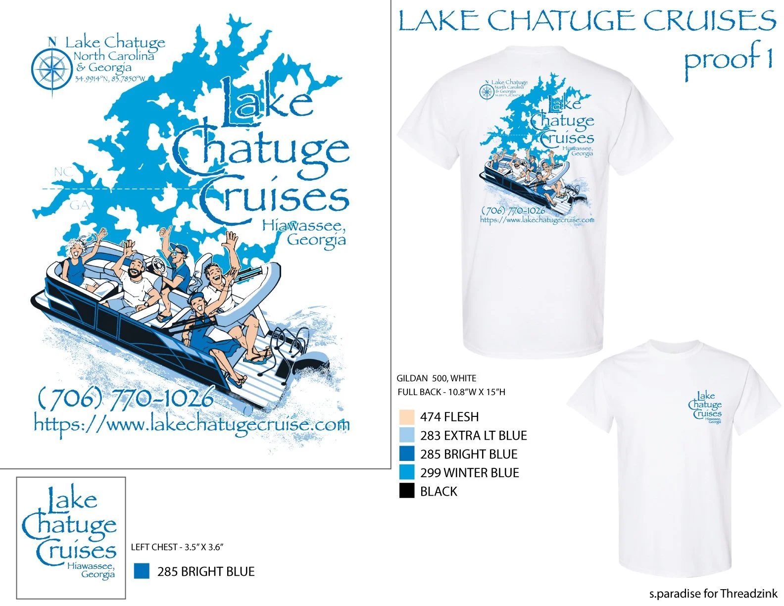 Design for Lake Chatuge Cruises featuring a group of people enjoying a boat ride on the lake, with text providing contact information and website, and a laid-back theme with blue tones.