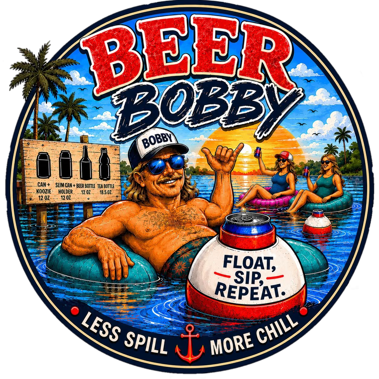 Colorful illustration of a man lounging in water with a drink, wearing sunglasses and a hat that says "Bobby," with two women on inflatable tubes in the background, palm trees, a sunset, and a sign with drink container options. Text says "Bever Bobby," "Float, Sip, Repeat," and "Less Spill, More Chill."