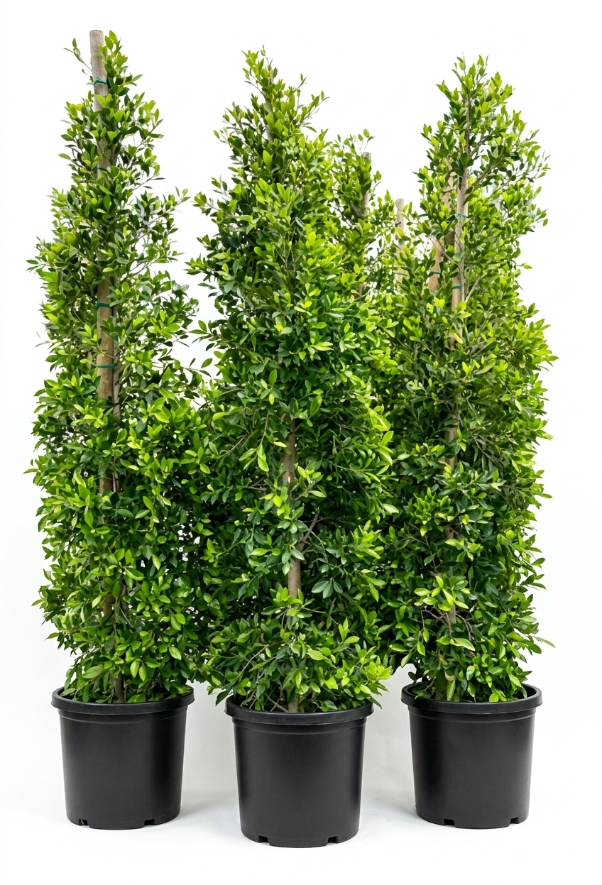 Three potted green leafy plants placed next to each other against a white background.