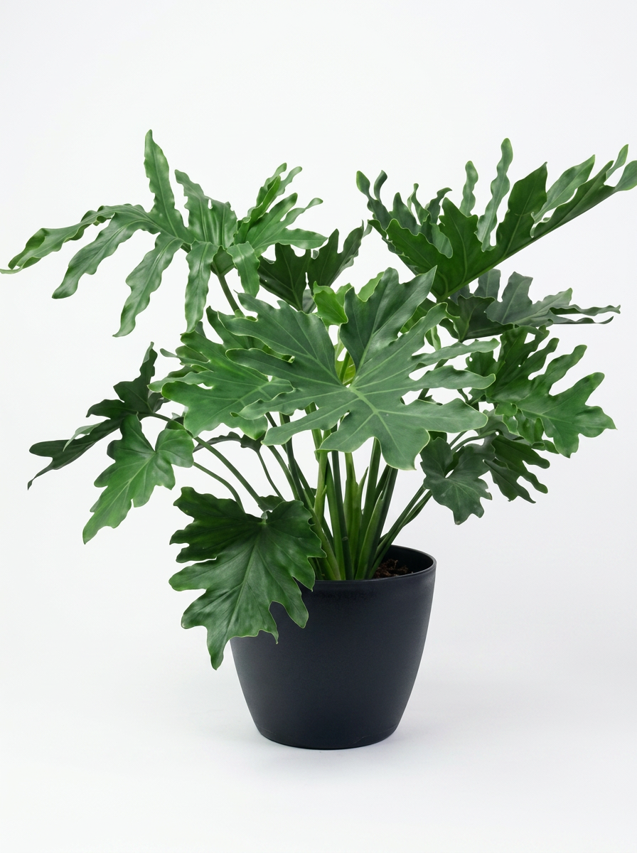 A potted plant with large, green, split leaves in a black pot against a plain white background.