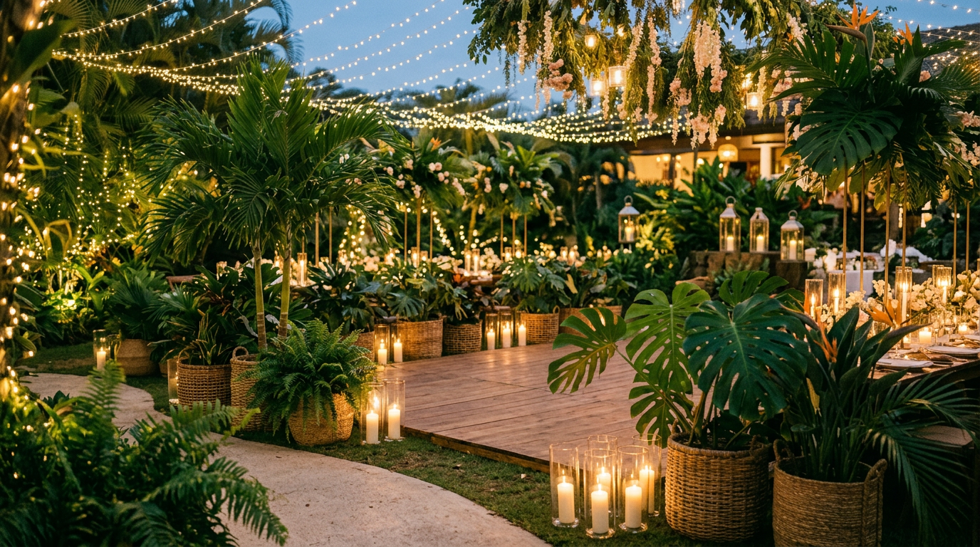 An outdoor venue decorated with lush tropical plants, hanging string lights, lanterns, and candles for an evening event or celebration.