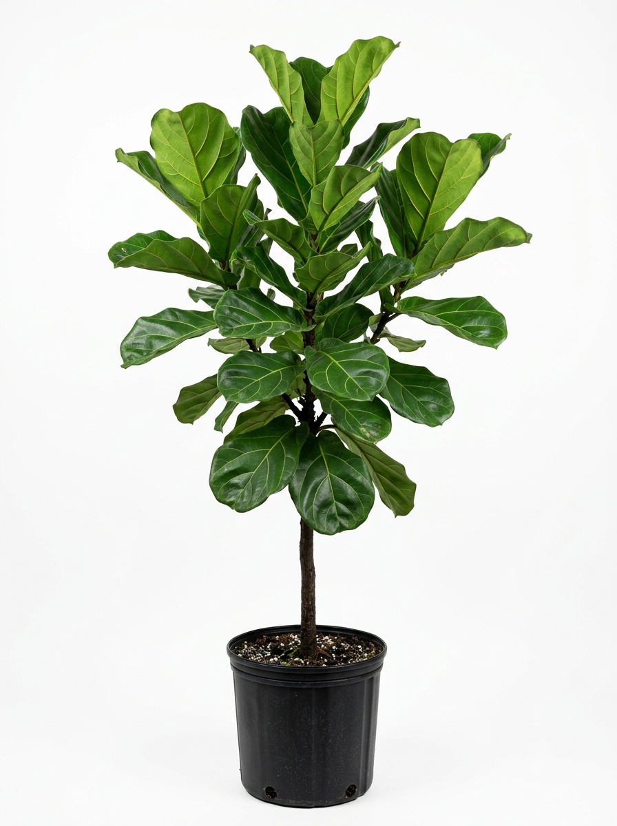 A potted fiddle leaf fig houseplant with large green leaves against a white background.