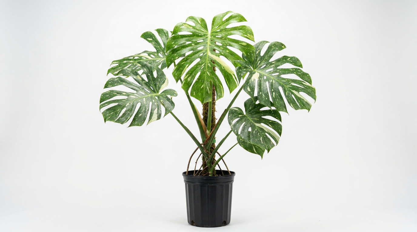 A potted Monstera plant with large, split green leaves against a plain white background.