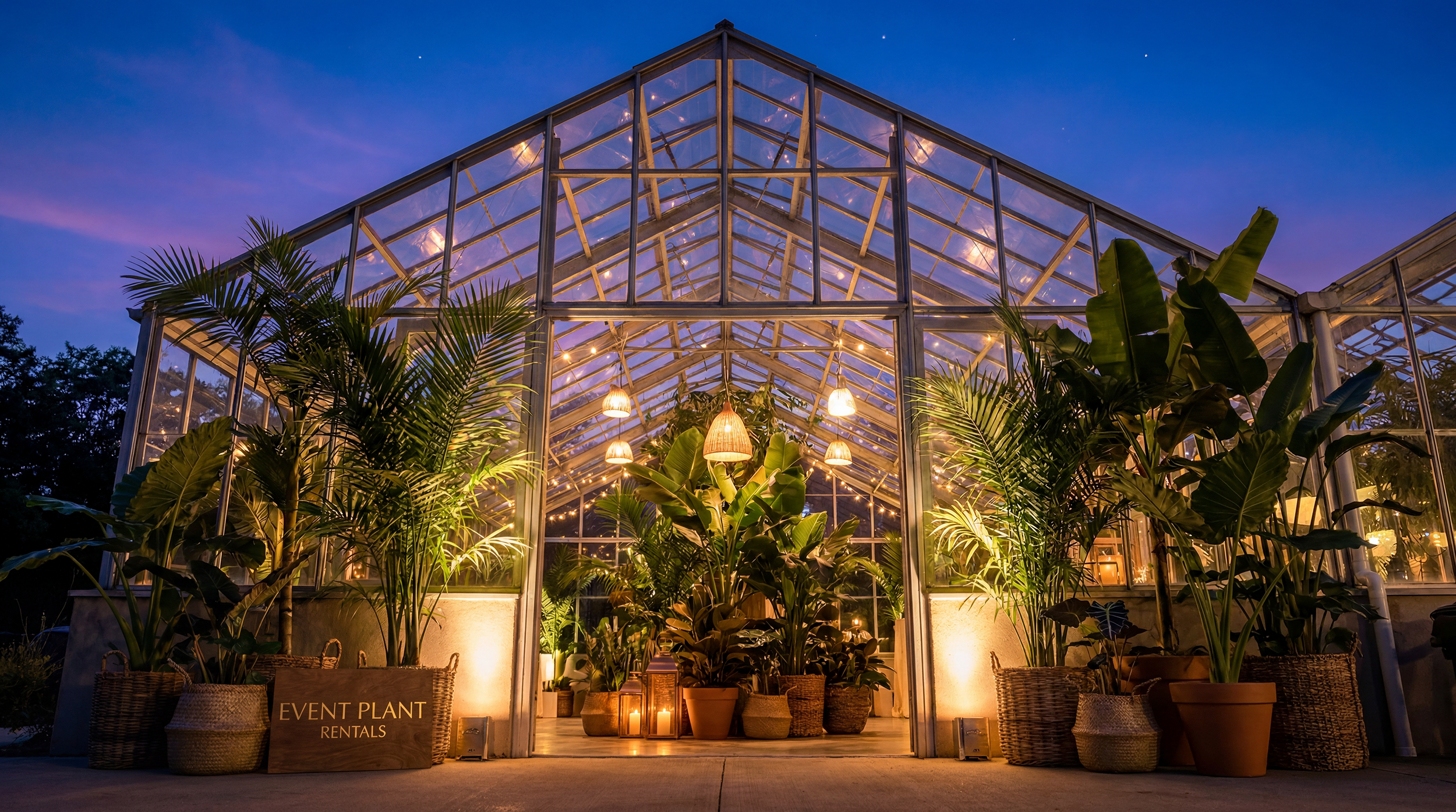 A glass greenhouse illuminated with warm lights at dusk, surrounded by potted plants and a sign that reads 'Event Plant Rentals'.