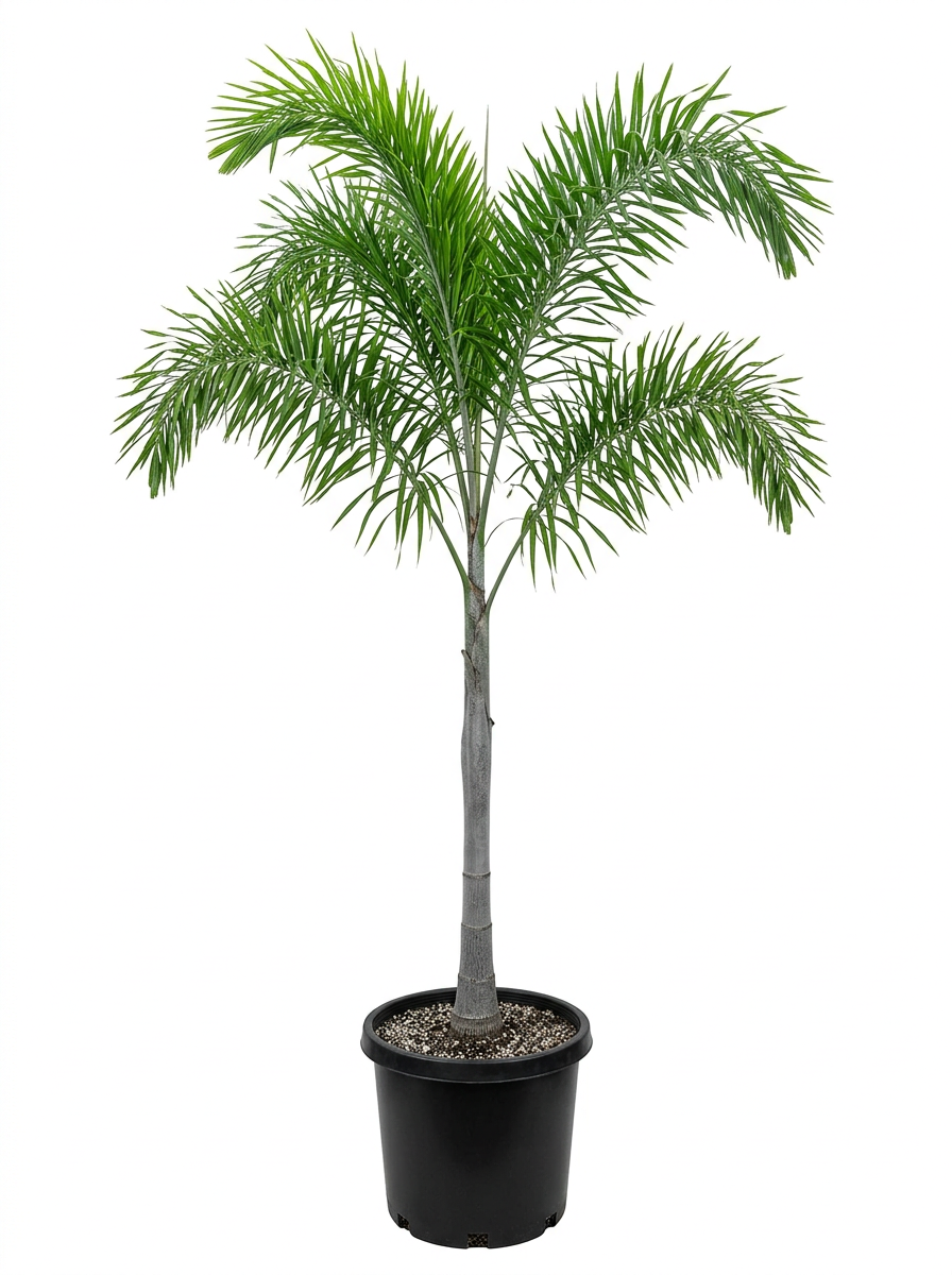 A potted artificial palm tree with green fronds in a black plastic pot.