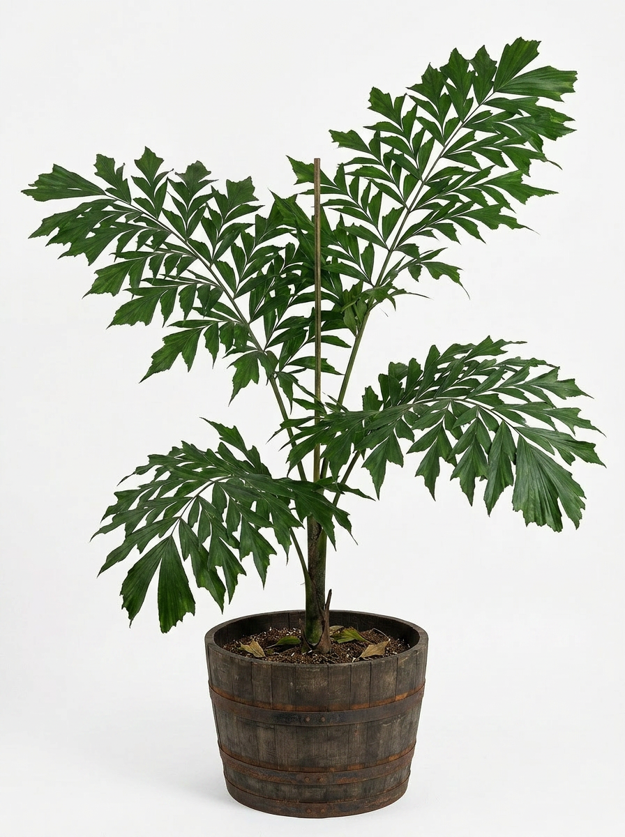 Potted plant with large, deeply lobed green leaves in a wooden container.
