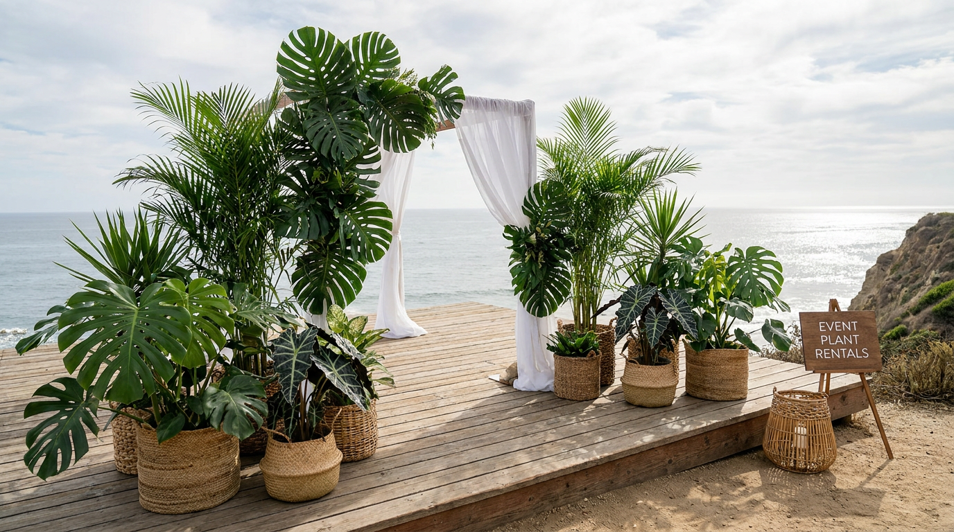 A wooden platform with potted tropical plants and white draped fabric, set against a sea view with cloudy sky, and a small sign that reads "Event Plant Rentals".