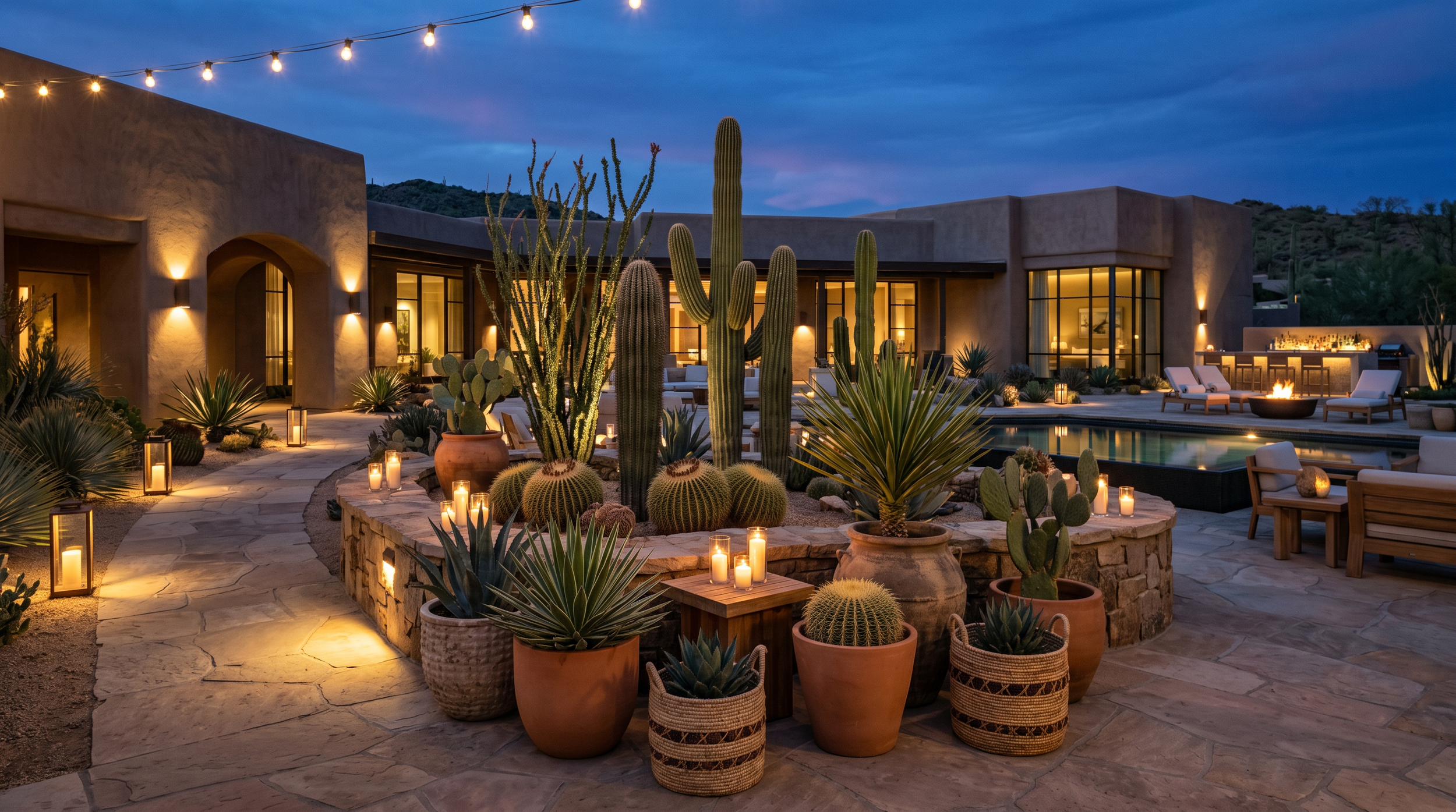 A modern outdoor patio with desert plants, string lights, candles, and furniture, illuminated during dusk.