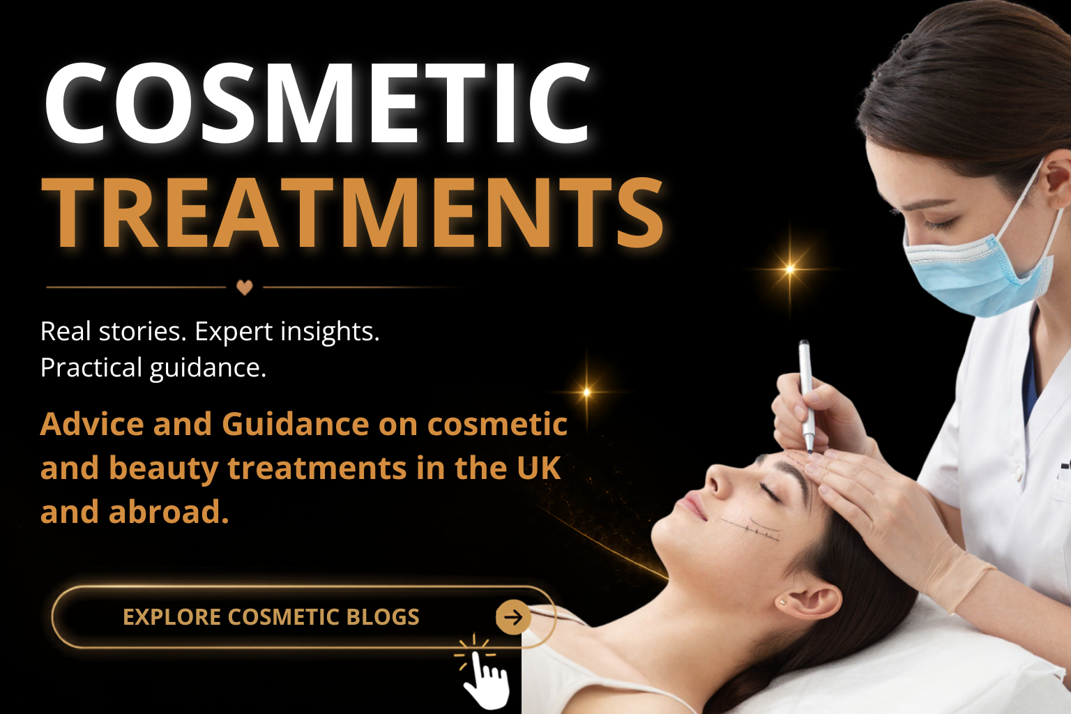 A woman receiving cosmetic treatment on her face from a professional wearing a mask, with promotional text about cosmetic treatments and advice in the background.
