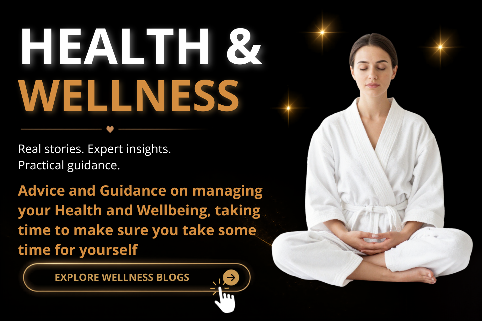 Woman in white robe meditating with closed eyes on black background, with text promoting health and wellness blogs and advice.