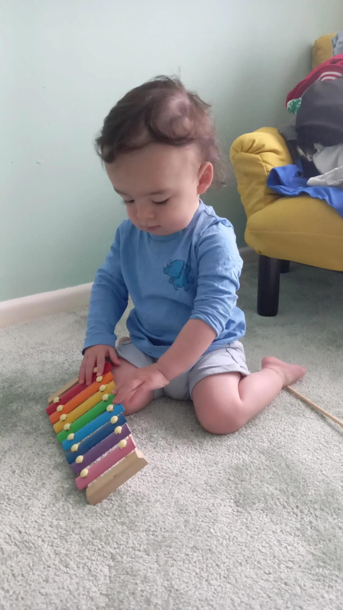 A young child sitting on a carpeted floor playing a colorful xylophone.