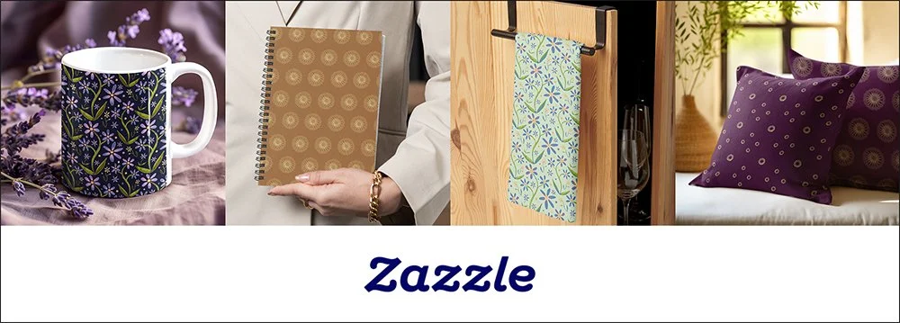 Collection of home decor items including a floral mug, a hand holding a spiral notebook, a patterned dish towel hanging on a wooden rack, and purple pillows on a bed with a window in the background.