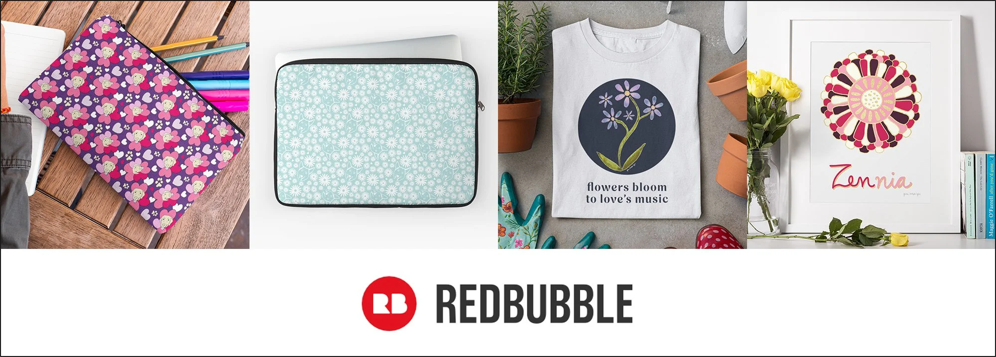 A collection of various colorful creative items including a notebook with bear and heart patterns, a zippered fabric pouch with a floral pattern, a white t-shirt with a flower and the text "flowers bloom to love's music," a framed floral artwork with the word "Zennia" in red, a vase with yellow roses, and some potted plants on a table.