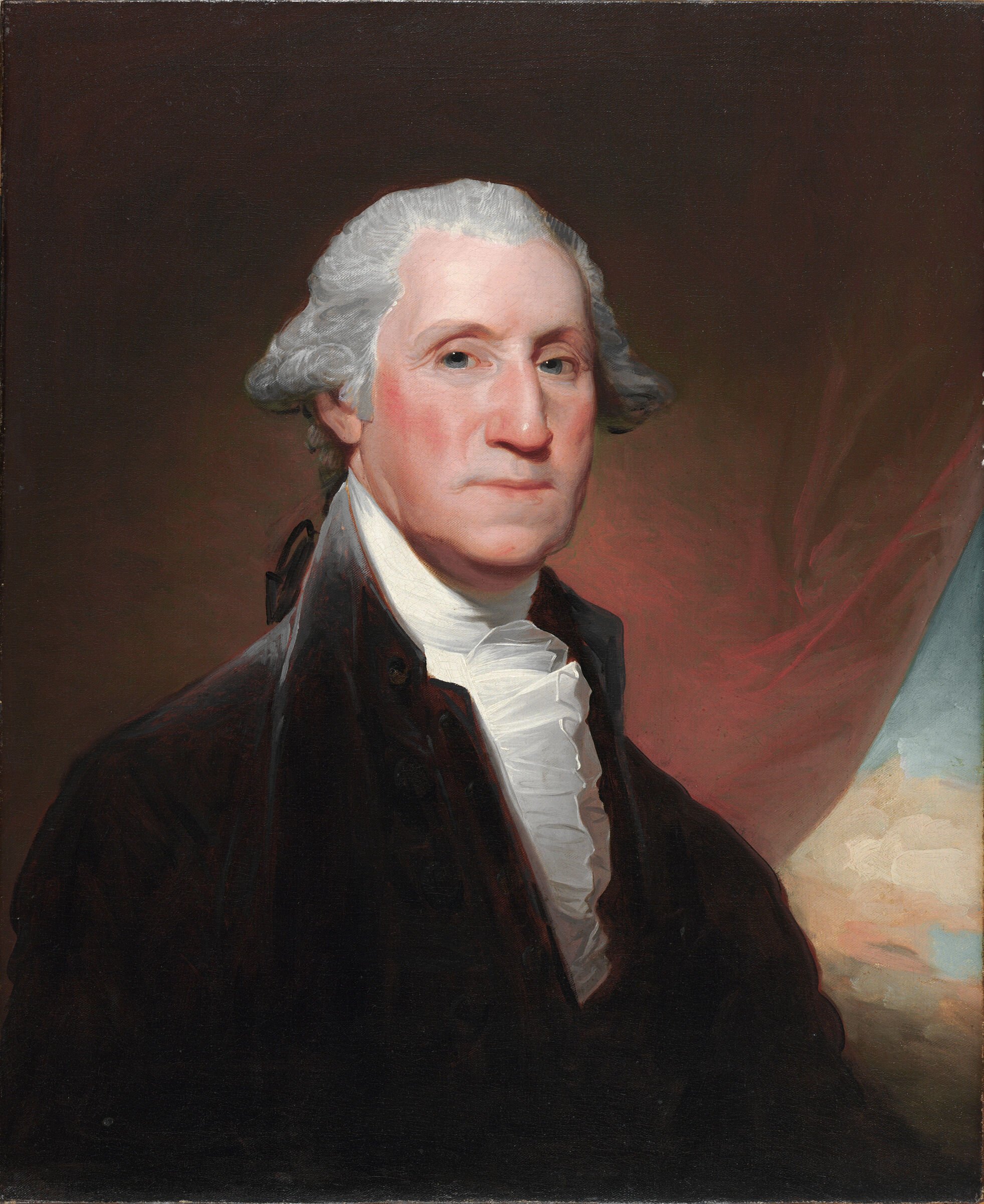 Classic portrait painting of an 18th-century man with white hair, formal dark clothing, and a red draped background.
